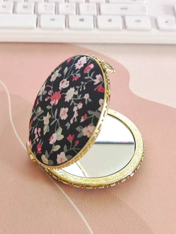1pc Vintage Style Dual-Sided Folding Makeup Mirror, Portable, Fabric-Covered, Decorative, Elastic Surface, Literary Style, Printed Fabric, Mini Round