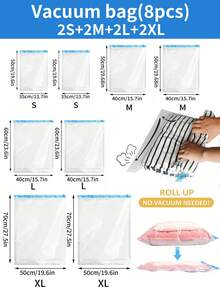 8/3/1 件真空压缩袋，旅行真空收纳袋，衣物压缩袋，手动卷起无需泵，居家旅行行李收纳袋，适用于衣物、毯子、衬衫、棉被、枕头、裤子，节省宿舍、衣柜、卧室、浴室、旅行配件、衣柜整理器的空间 - 彩色 - 查看 2