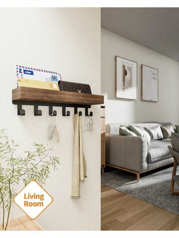 1 conjunto de prateleira de armazenamento de parede com bandeja de madeira e 6 ganchos, prateleira flutuante de madeira, suporte para plantas, organizador de cosméticos para chuveiro, cabides para chaves, decoração para casa, porta-chaves, organizador de correspondência para corredor, quarto, lavanderia, escritório (Natal)
