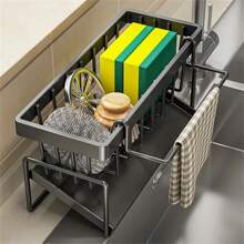 1 Estante multiusos para el fregadero, con soporte para esponja, estropajo y utensilios de cocina, almacenamiento de paños de lavado y bola de alambre de acero al carbono para el fregadero. Estante de acero al carbono mejorado para colgar en el fregadero y mantener limpio.