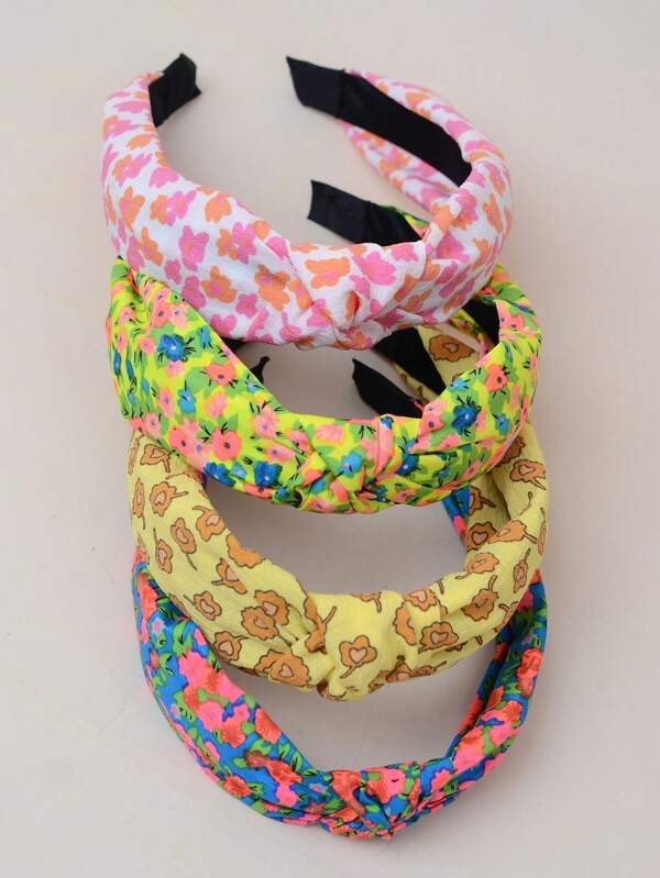 4pcs Ditsy Floral Plaid Golden Cow Print Casual Polyester Headbands, Middle Knotted Wide Edge Hairbands For Women, Diadema, Hair Hoop