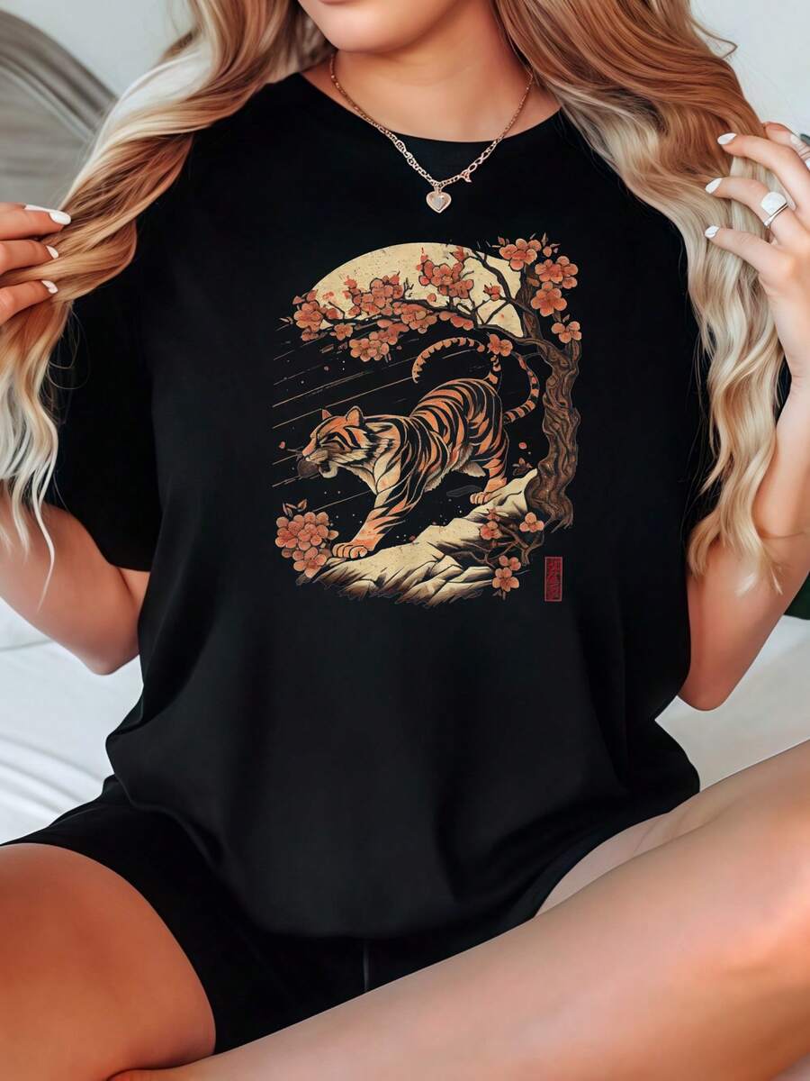 Women's T-Shirt Loose Fit Black Tiger And Cherry Blossom Print Casual Daily Wear Camisetas Para Mujer Playeras - Black - View 1