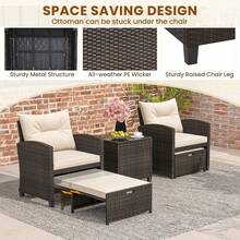 5 Pieces Patio Furniture Set With Ottoman, Wicker Conversation Set W/Cushions, Glass Coffee Table, Outdoor Rattan Lounger Chairs Bistro Set For Porch Balcony Garden Deck Poolside (Beige) - Beige - View 4