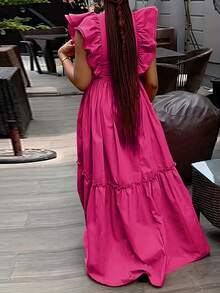 ANCHOSE 女式优雅假日纯色盖袖褶饰拼布短款休闲连衣裙，春夏 - 玫紅色 - 查看 4