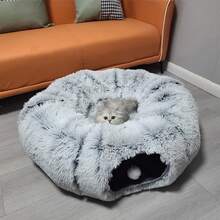 Cat Tunnel Bed For Indoor Cats - Cute Cat Donut Tunnel Toys With Washable Circle Cushion, Round Pet Peekaboo Cave Toy For Kitten/Puppy/Rabbit - 灰色 - 查看 10