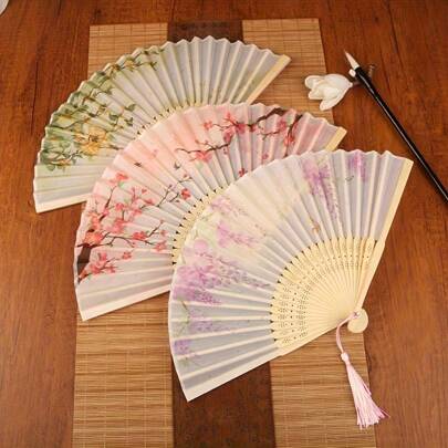 1pc Vintage Folding Bamboo Fan, Retro Boho Style Decorated With Black Butterfly, Floral And Tassel, Colorful Fashion Accessory For Women, Spring/Summer