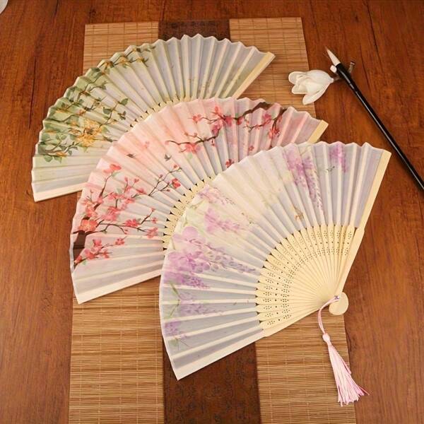 1 leque dobrável vintage de bambu, estilo boho retrô, decorado com borboleta preta, floral e borla, acessório de moda colorido para mulheres, primavera/verão