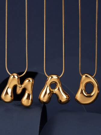1pc Fashionable Asymmetrical 3D Thick Letter Pendant Necklace, 18K Gold Plated Stainless Steel, Women New Fashionable Asymmetrical Letter Jewelry Accessory