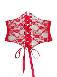 1pc Women's Red Lace Waist Cincher, Sexy Palace Style Suitable For Halloween Party Or Daily Commute Outfit - Red - View 10