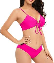 Sexy Bikini Set High Cut Swimsuit Set For Women Tie Knotte Bathing Suit 2 Piece - 粉色 - 查看 3