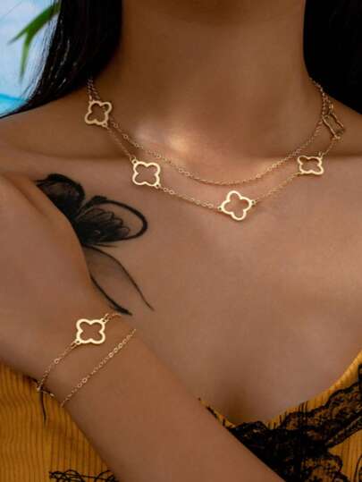 1 Set de collar y pulsera con colgante de trébol de cuatro hojas hueco de estilo vintage, joyería elegante de estilo europeo y americano para mujeres