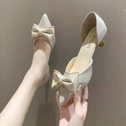 Tacones altos con lazo para mujeres primavera nueva versión coreana de tacones puntiagudos en el talón medio de las chicas francesas estilo tacones huecos finos, Zapatos de tacón de mujer