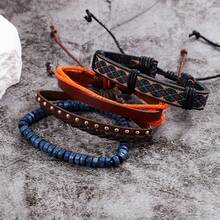 4pcs Multi-Layer Faux Leather & Wax Rope Woven Bracelets With Wooden Beads, Adjustable Size