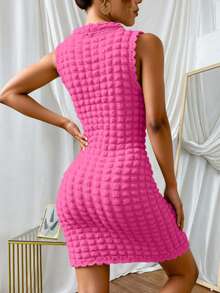 Vestido Corto sin Mangas dama mujer en textura Cuello Semi-Alto Primavera Veranocomodo ajustable fresco ligero casual formal versatil - Rosa Fucsia - Ver 2