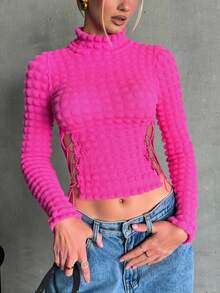 Blusa Top dama Mujer Manga Larga Textura Nido de Abeja, Ajuste con Cintas Laterales y Cuello Alto – Estilo Crop Top Casual Elegante, Disponible en Varios Colores - Rosa Fucsia - Ver 1