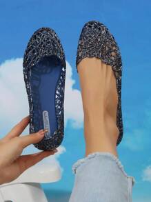 Women's Summer Hollow Flat Crystal Jelly Sandals,Crystal Jelly Flat Shoes, Closed Toes, Soft Beach Shoes, Middle-Aged And Elderly Nostalgic Retro Mom Shoes,Mother's Day Gift, Valentine's Day Gift, Teacher's Day Gift