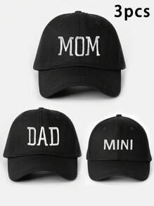 3pcs Embroidered "Mama + Dad + Mini" Matching Washed Baseball Caps, Adjustable Outdoor Sun Protection Casual Hats For Boys & Girls, Suitable For Spring, Autumn, Travel, Beach