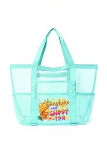 网状沙滩包大号沙滩手提包，带拉链封口的多用途整理袋，可折叠方便大号网状手提包轻便，适合家庭使用沙滩包，可装玩具和度假必需品，书包，大容量，防水，轻便，便携，可折叠