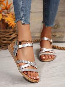 Handwoven Rhinestone Strap Comfortable Flat Sandals For Women, Outdoor Trade,Spring Summer Outfits - Silver - View 6