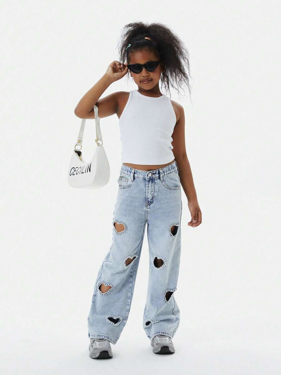 10-14 Year Old Girl With Fashionable Stir Fried Flowers, Washing Water, Heart Breaking Hole, Diamond Inlaid Pearl, Loose Straight Leg Denim Pants - 淺色水洗藍 - 查看 1