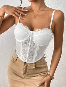 Lace Corset, Sexy Corset Top, Lace Detail, Feminine, Sensual, Sophisticated, Minimalist. Thin Straps, Semi-Sheer, Fan Shape, Solid Color, Shapewear, Cropped, Camisole, Outerwear, Bustie, Fitted - 白色 - 查看 1