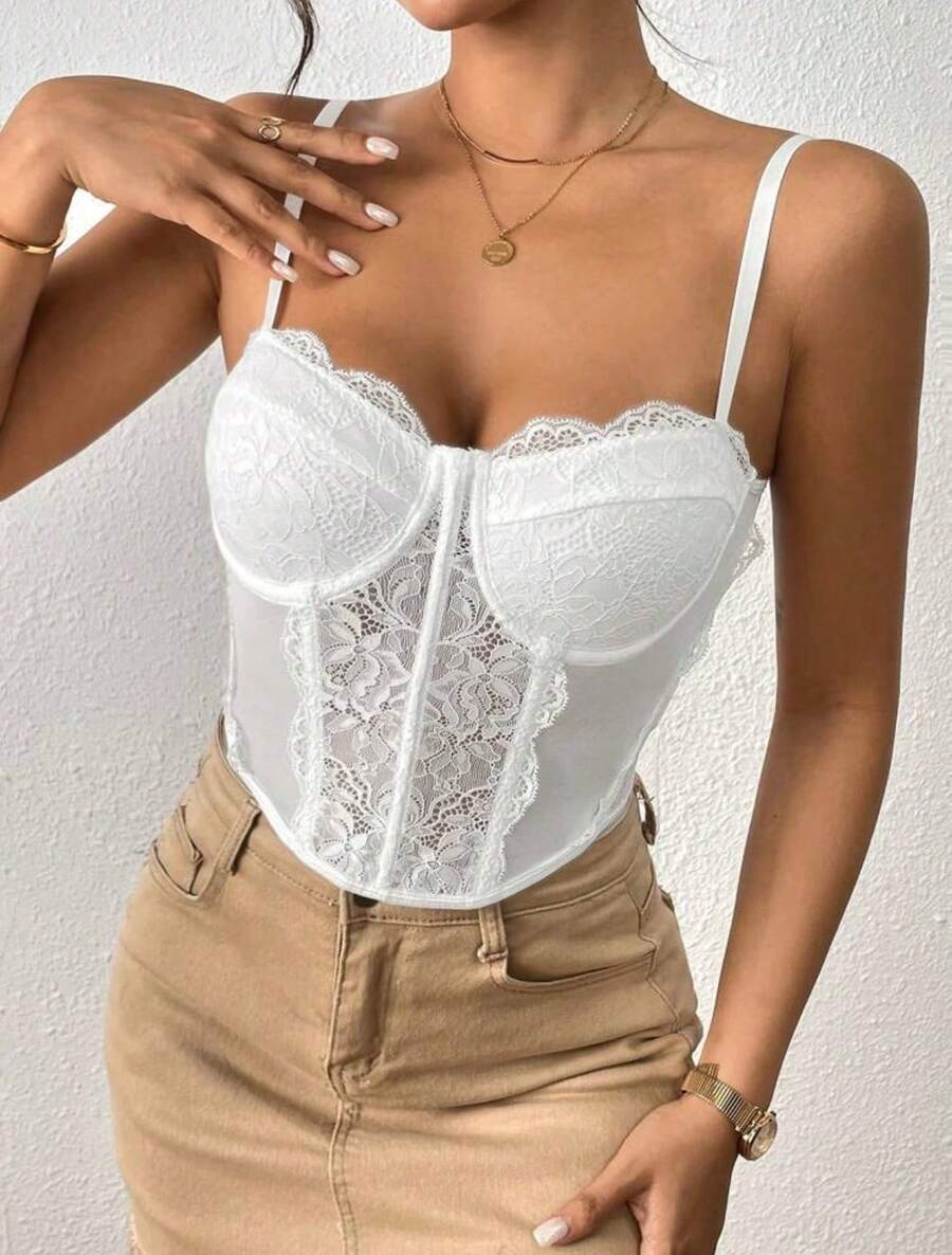 Lace Corset, Sexy Corset Top, Lace Detail, Feminine, Sensual, Sophisticated, Minimalist. Thin Straps, Semi-Sheer, Fan Shape, Solid Color, Shapewear, Cropped, Camisole, Outerwear, Bustie, Fitted - 白色 - 查看 1