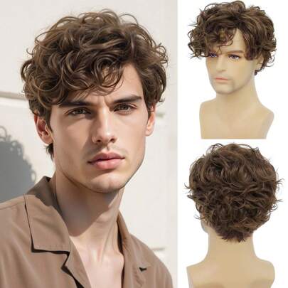 Peluca corta de hombre de color marrón con rizos y capas, de apariencia natural con raya lateral, resistente al calor, sintética, con gorro de peluca