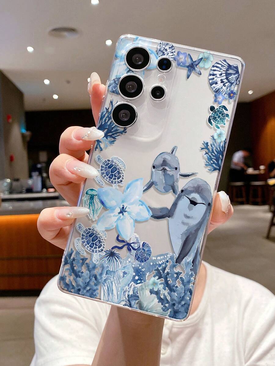 1pc Ocean Element Dolphin & Flower Print Transparent TPU Soft Phone Case, Precise Cutout Camera Protection Compatible With Samsung, Nothing, Pixel, INFINIX, Apple, Xiaomi Redmi