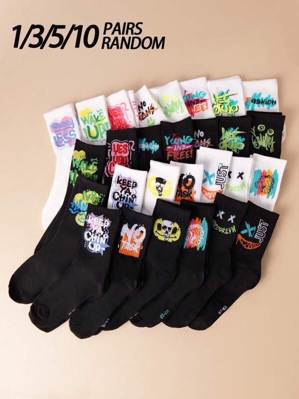 1/3/5/10 paires aléatoires de chaussettes d'équipage souples et respirantes avec un motif de graffiti simple pour homme pour l'Halloween, polyvalentes à porter avec n'importe quelles chaussures, en été