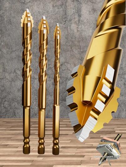 4件套多用途旋转锤钻套装，六角柄 - 钨钢钻头/高硬度，固定牢固，适用于玻璃、混凝土、大理石/塑料和木材 - 尺寸从3毫米到12毫米，包括孔锯和工具配件、钻孔工具、木工工具（钻头颜色为图片渲染图，以实际颜色为准）