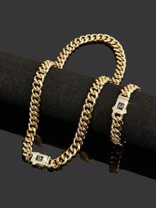 1 条项链 + 1 条手链 嘻哈风格珠宝套装 链设计 密镶闪亮水钻 适合女性