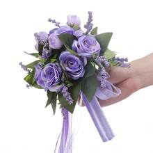 1 件全新人造紫玫瑰花束，伴娘、新娘婚礼用品，摄影道具，优雅浪漫婚礼装饰 - 紫色 - 查看 3