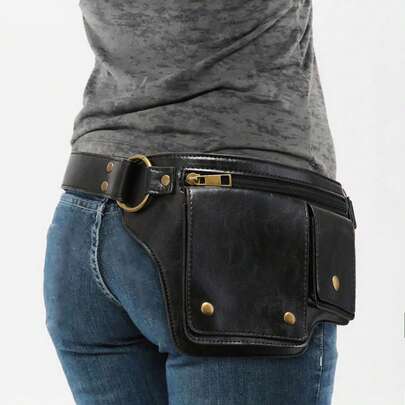Style Waist Bag - Vintage Synthetic Leather Fanny Pack With Multiple Compartments, Golden Studs & Buckles For Women, Perfect For Outdoor Sports, Travel, And Casual Wear