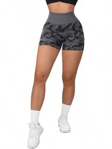 Seamless High Waisted Booty Shorts For Workout - Camuflaje negro de 3" - Ver 2