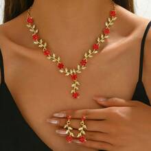 Conjunto de 3 piezas de aretes y collar de novia vintage con incrustaciones de con diseño de flor de ciruelo