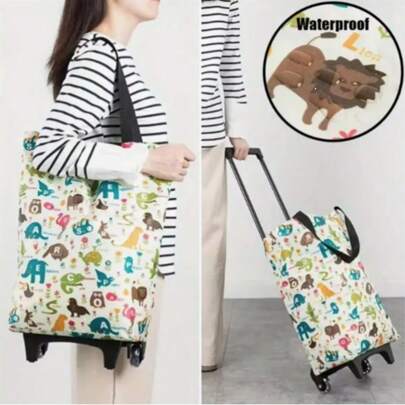 1 pieza Bolsa de compra plegable a prueba de agua de extra gran capacidad, fabricada en tela Oxford duradera, carrito de compras portátil con capacidad de carga de 20 kg, diseño cuadrado a prueba de fugas, con correa de muñeca, adecuado para la temporada de graduación, para supermercado, con ruedas