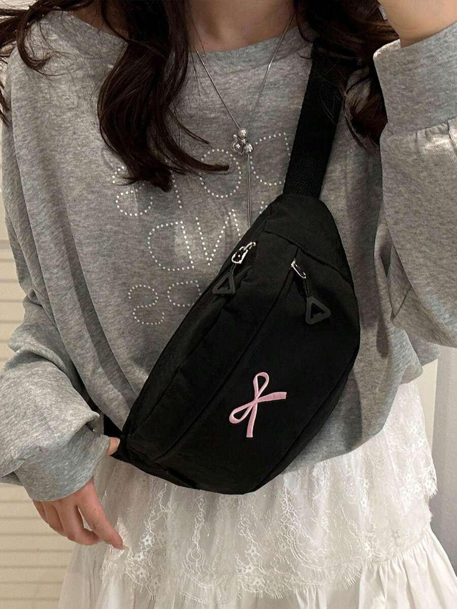 女士时尚斜肩胸包腰包休闲手提包 - 黑色 - 查看 1