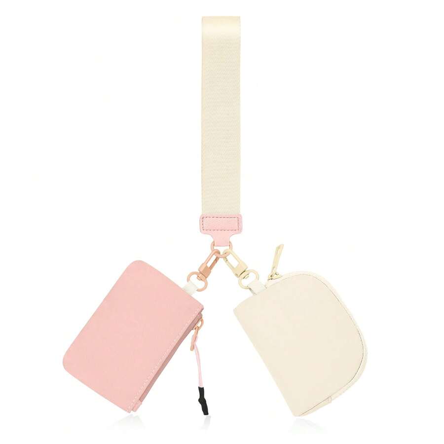 Mini Zipper Wrist Coin Purse Keychain Wallet Detachable Dual Layer Portable Coin Holder Ideal For Women'S Outdoor Travel And Sports Stylish Wrist Strap Coin Purse For Everyday Use - 粉色 - 查看 1
