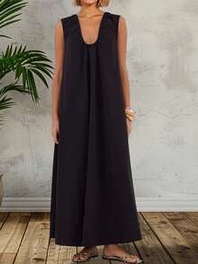 Women's Summer Long Tank Dress Solid Color Sleeveless Scoop Neck Ruched Wide Shoulder Loose Dress - 黑色 - 查看 4