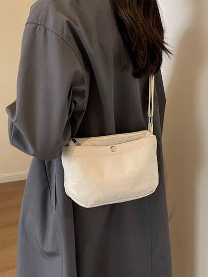 时尚帆布方形包，轻巧可折叠，拉链开合，便携式小布包适合女性日常购物、工作、大学通勤，手机前袋，可容纳钥匙时尚帆布方形包，