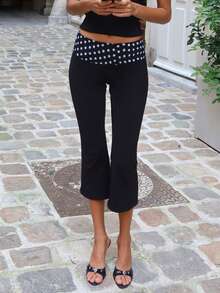 Womens Capri Pants Leggings Low Waist Dots Print Slim Fit Flare Pants Pull-On Trousers - màu đen - Xem 2