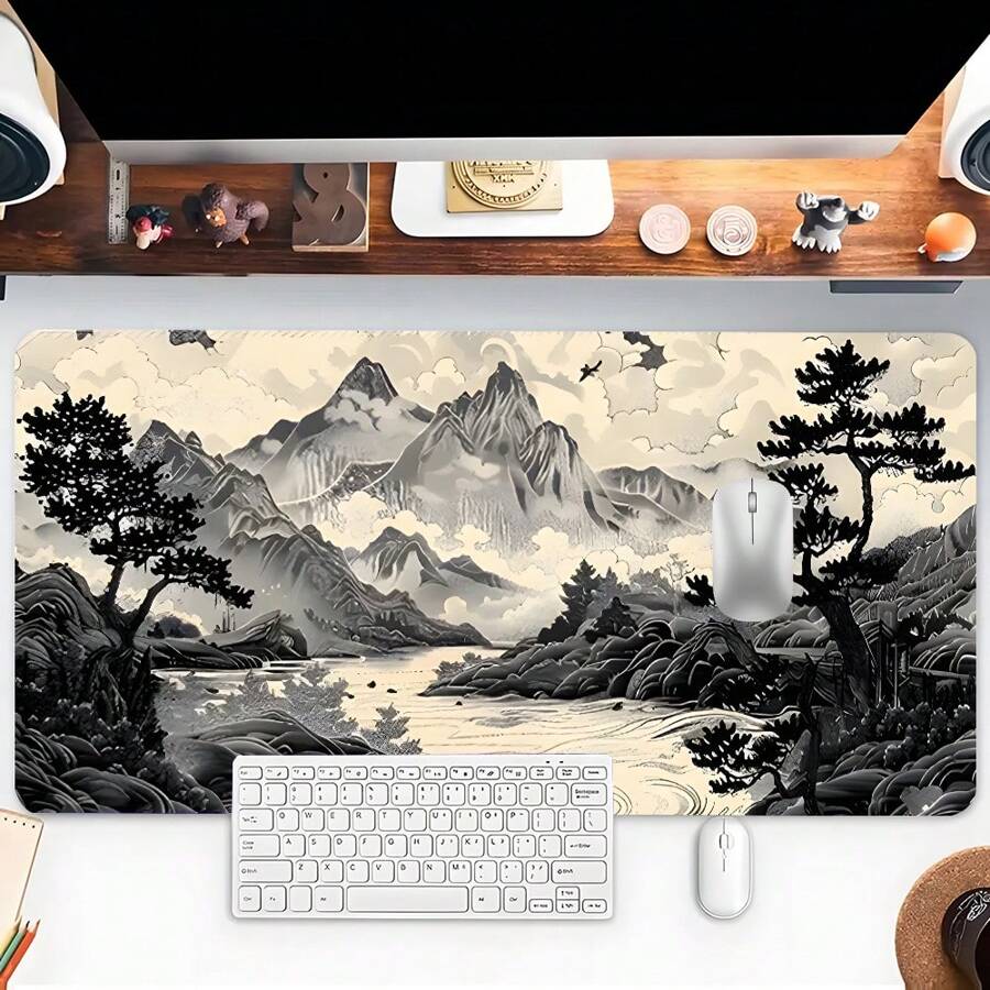 Black And White Mountain Art Gaming Mouse Pad Japanese Ink Painting Mousepads Extended Large Desk Mat With Stitched Edge Non-Slip Rubber Base Desk Accessories For Home Office Decor Desk Pad 35.4x15.7 Inch Perfect Gift For Men Women