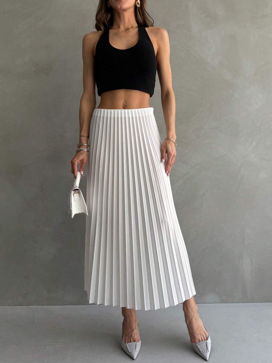 褶皱长裙，优雅休闲的办公室服装 - 白色 - 查看 1