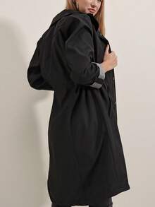 Plain Casual Zip Front Pocket Long Sleeve Trench Coat - Black - View 6