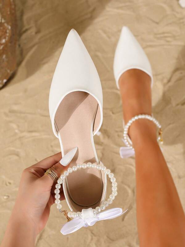 Zapatos planos casuales de mujer con diseño de perlas y puntera en punta estilo Mary Jane, nuevos para otoño/invierno, color blanco con diseño de lazo calado