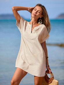 女士条纹宽松休闲沙滩罩衫 罩衫，短袖，夏季