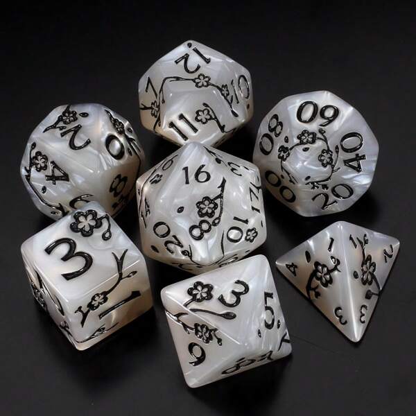 Juego de 7 dados con diseño de flor de ciruelo - Diseño exclusivo de dados poliédricos con patrón de flor de ciruelo para Dungeons & Dragons D&D RPG y juegos de rol, excelente para colección de dados o como regalo (Halloween, Navidad, Pascua).