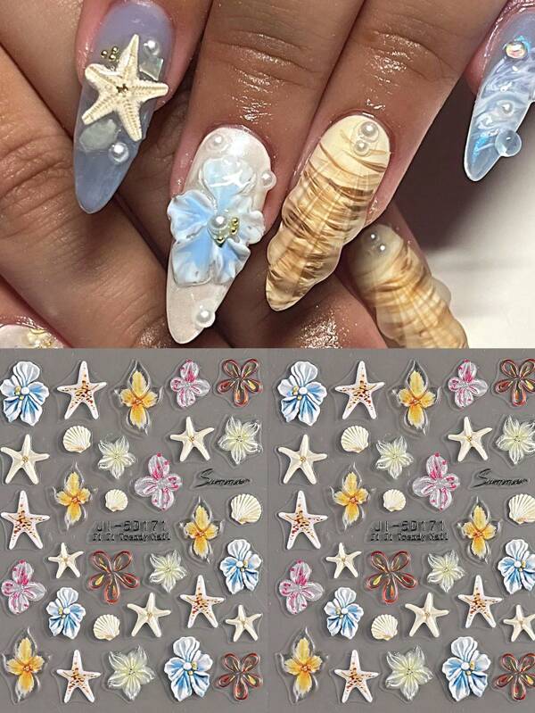 2 piezas de pegatinas para uñas de flores de hielo 5D con relieve - Diseño de flores de hibisco 3D, pétalos de flores de hielo y estrellas de mar con relieve para decoración de uñas kawaii primavera/verano, con adhesivo para manualidades de uñas