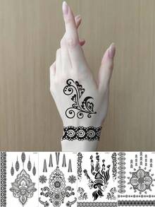 4 Blatt schwarze Henna Tattoos für die Hand, wasserfeste Spitzenblumen Henna Temporäre Tattoos für Frauen, Hochzeit, Körperkunst Aufkleber, Reise, Festival, Party Make-up Dekoration - Schwarz - Übersicht 10