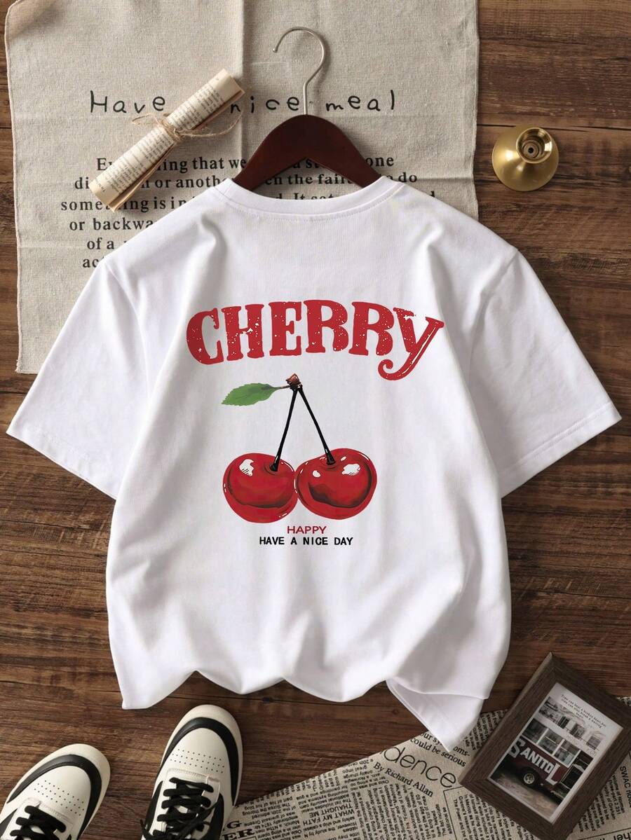 1件少女休闲樱桃印花圆领短袖T恤，夏季学生青年服装 - 专为充满冒险精神的年轻灵魂设计的T恤！伊斯兰阿赫兰节